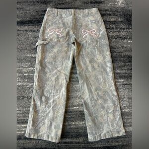 DISCLOSURE Light Washed Maple Leaf Camo Cargo Jeans With Pink Bows On Back